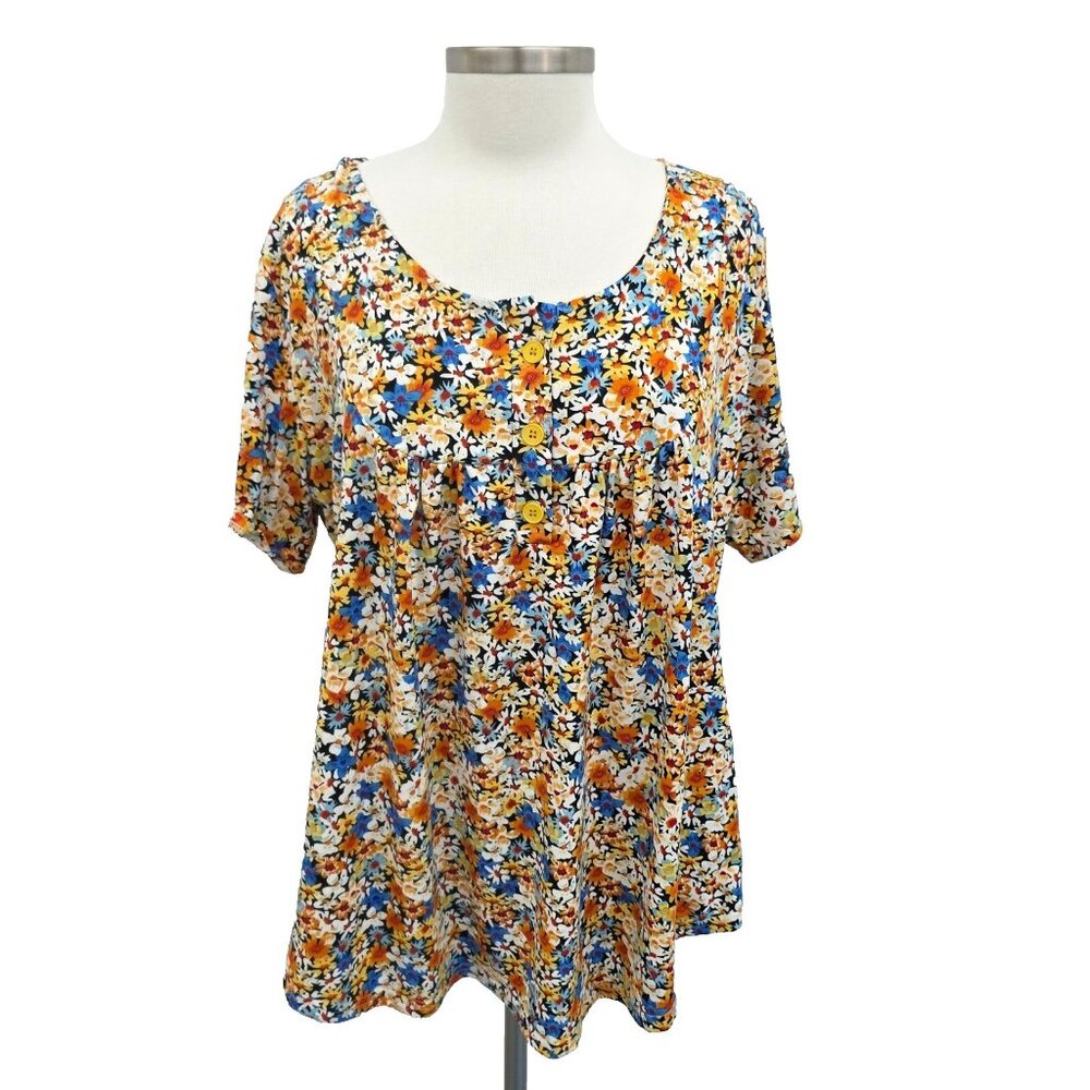 Womens Tunic Top Short Sleeve Scoop Neck Floral‎ Summer Top Size 2XL Bloomcore